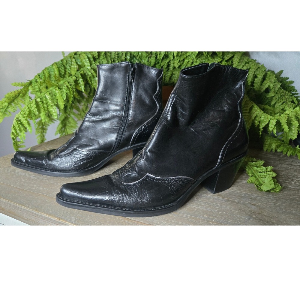 Franco Sarto Lowdown Black Leather Pointed Toe Western Ankle Boots 8.5